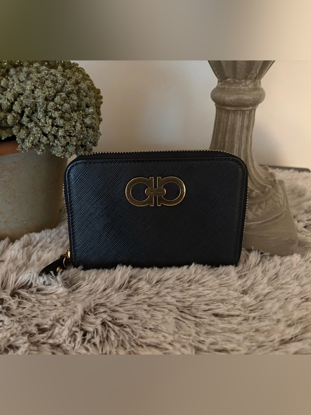 Salvatore Ferragamo Black Saffiano Leather Zip Around Wallet
